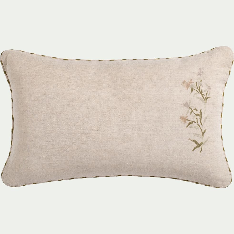 Coussin motif floral en lin lavé et coton 30x50cm - blanc écru-CENTAUREE