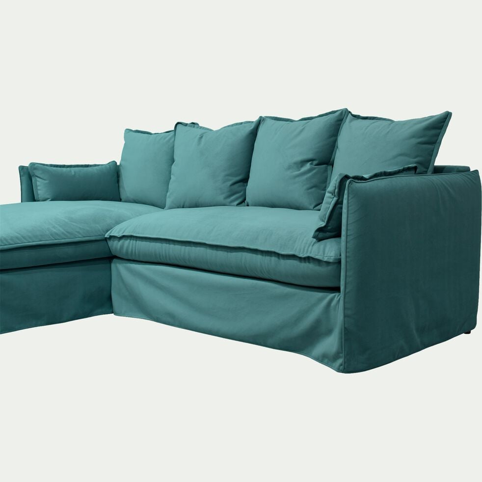 Canapé d'angle gauche fixe en velours - bleu canard-KALISTO