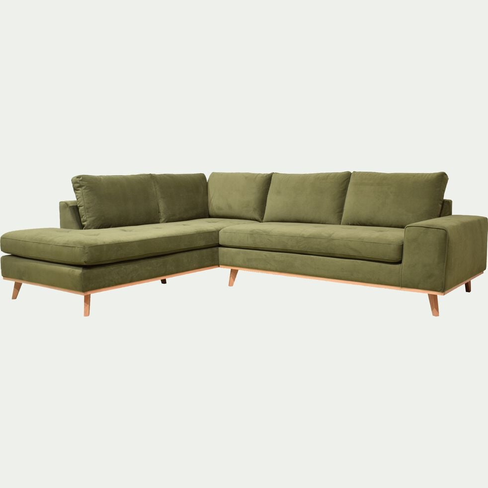 Canapé d'angle fixe gauche en velours - vert garrigue-PICABIA