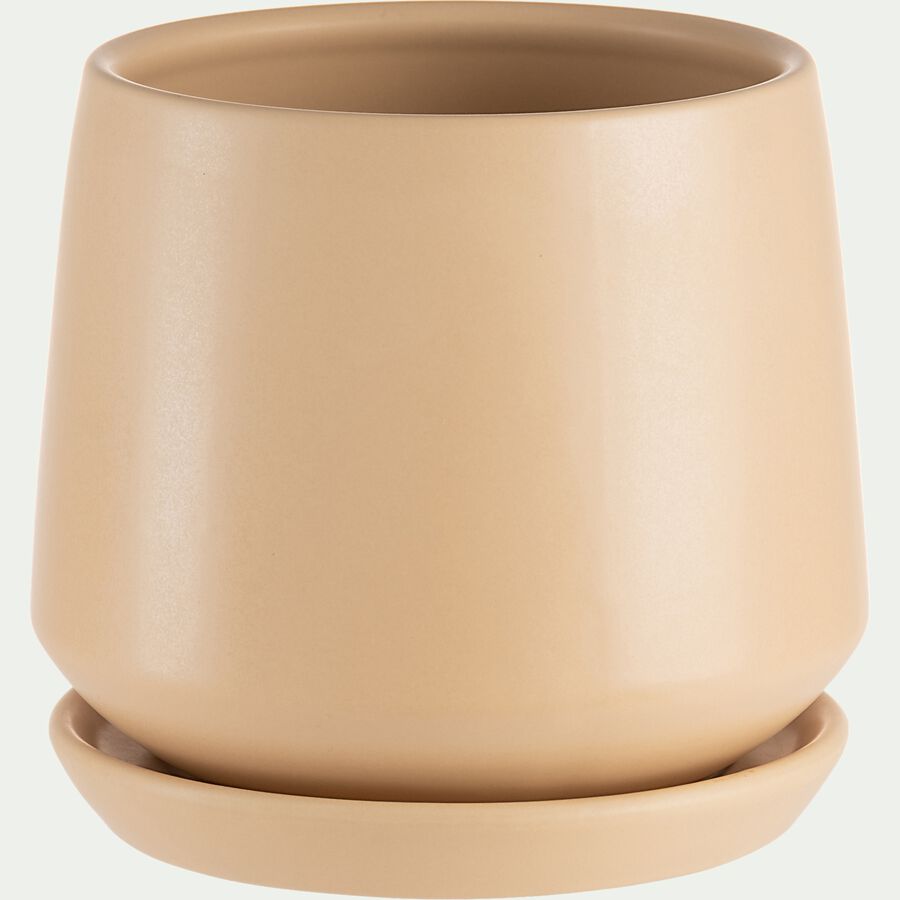 Pot avec soucoupe en céramique - beige H14,5cm-JUAN