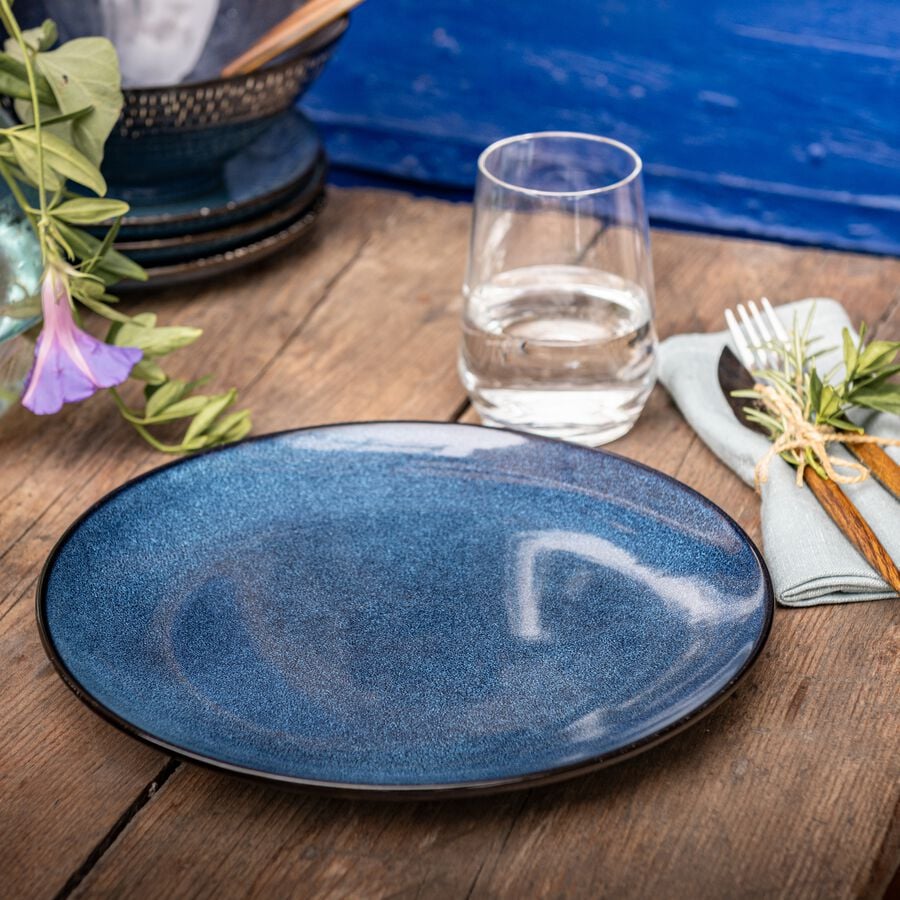 Assiette plate en grès D27cm - bleu céou-SELADON