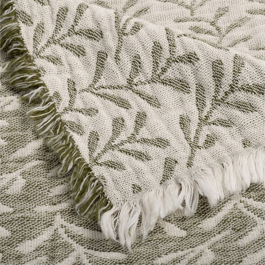Plaid en coton motif feuilles finition franges 130x170cm - vert-CALIMEA