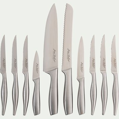 Bloc de 10 couteaux en acacia et inox - gris-FUSAL