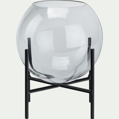 Photophore en verre avec support en fer - gris D21,3xH26,5cm-GUDINA