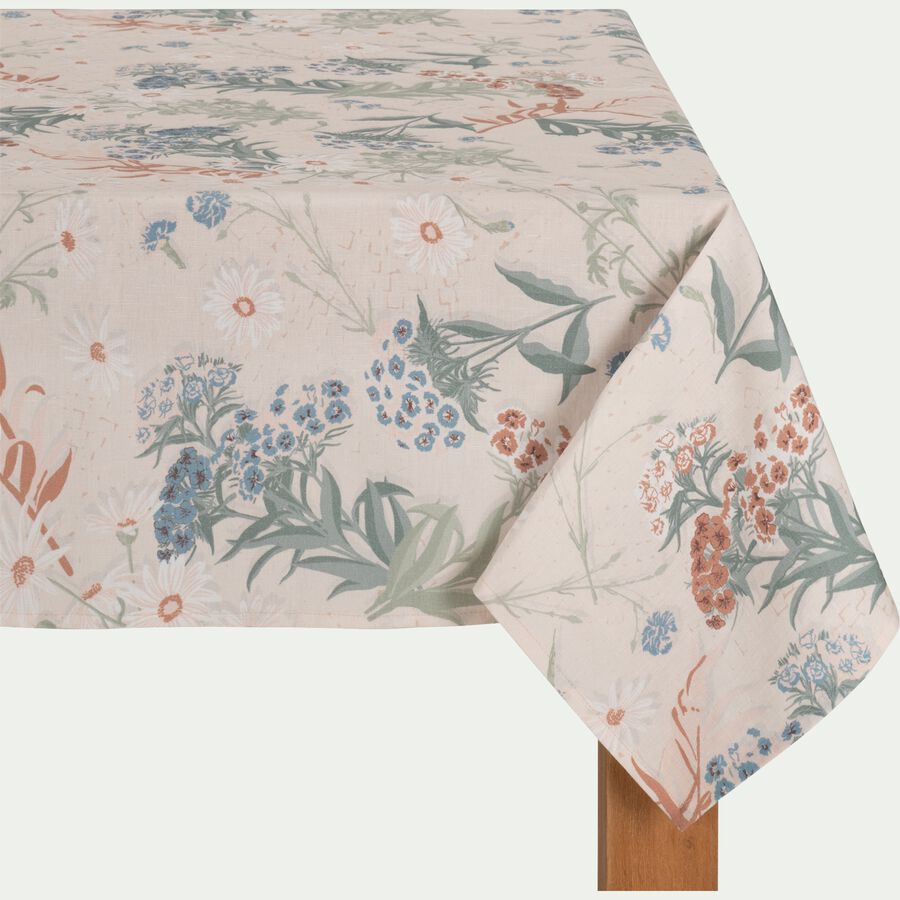 Nappe motif floral en lin et coton 150x250cm - beige-TASSELLI