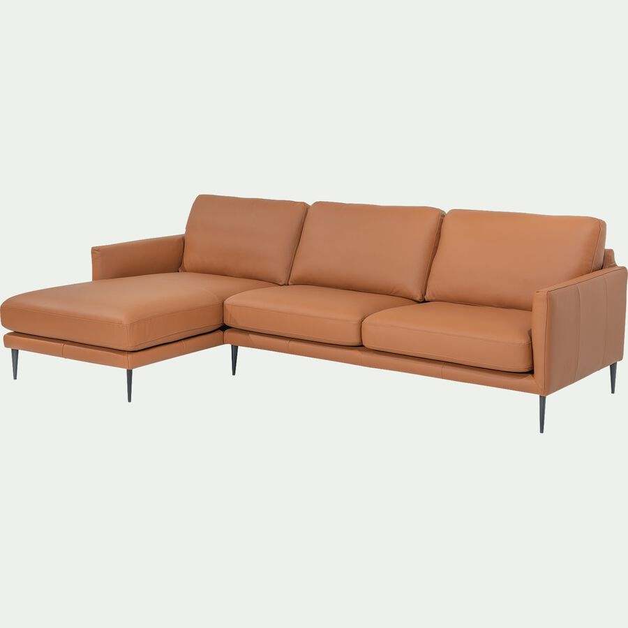 Canapé d'angle gauche fixe en cuir de vachette - marron-TIMO