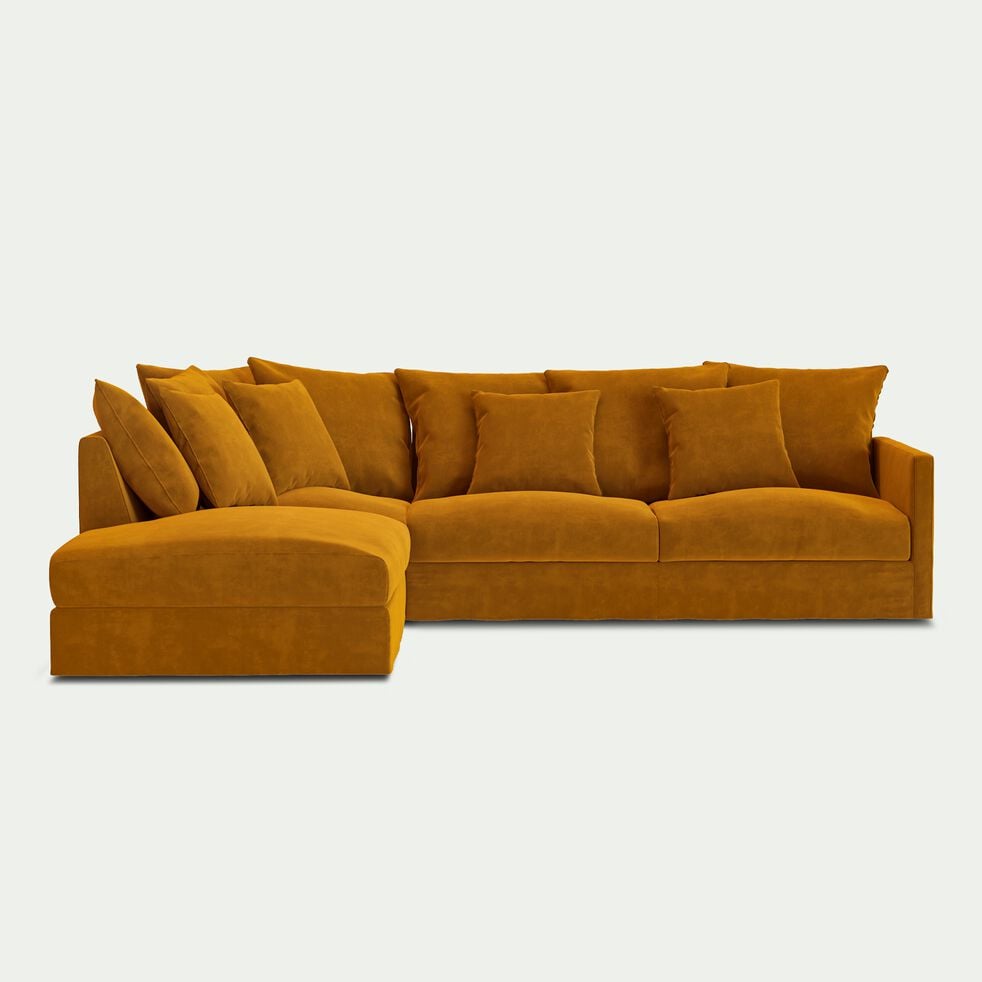Canapé d'angle fixe gauche en velours - jaune argan-SIMONA