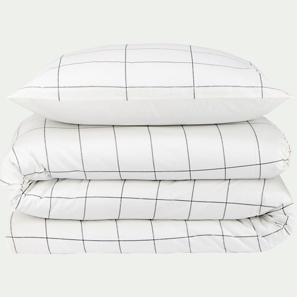 Housse de couette et 1 taie d'oreiller en coton motif carreaux - blanc 140x200cm-CARRELA