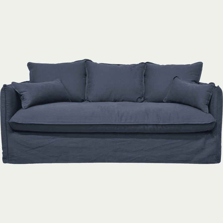 Canapé 4 places fixe en coton et lin - bleu calabrun-KALISTO