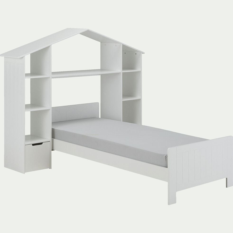 Lit enfant en bois avec tête de lit et rangements - blanc 90x200cm-POLLUX