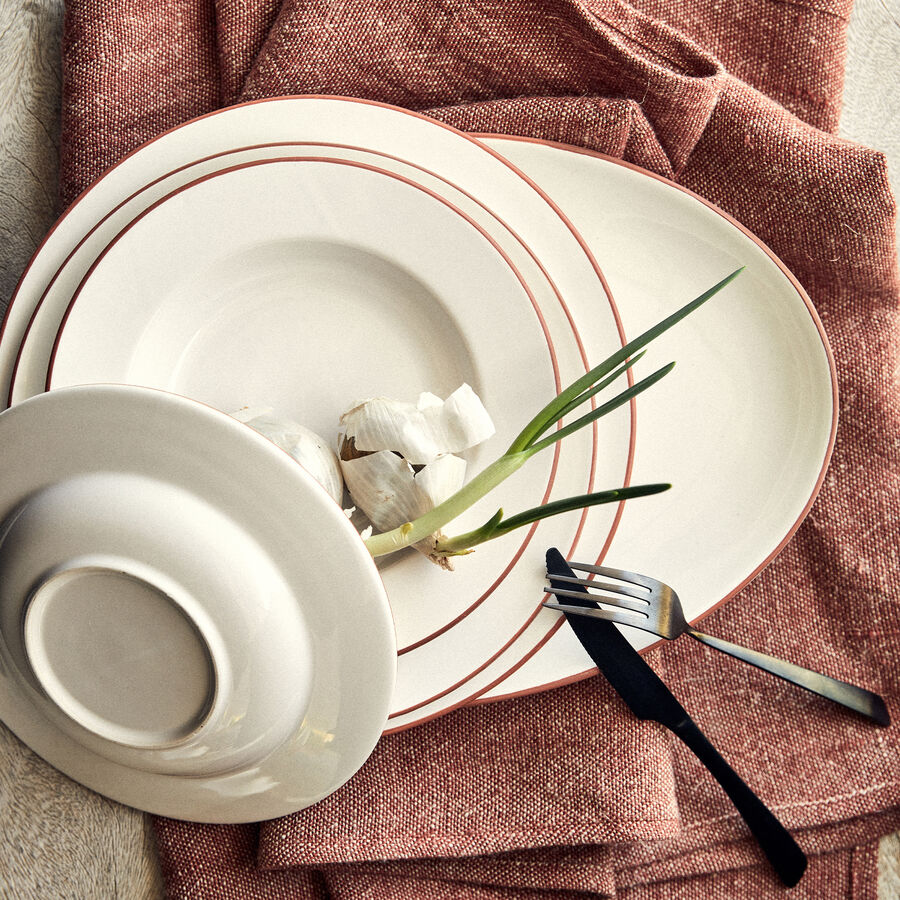 Assiette à dessert en faïence avec liseré terracotta D22cm - blanc-SOLLER