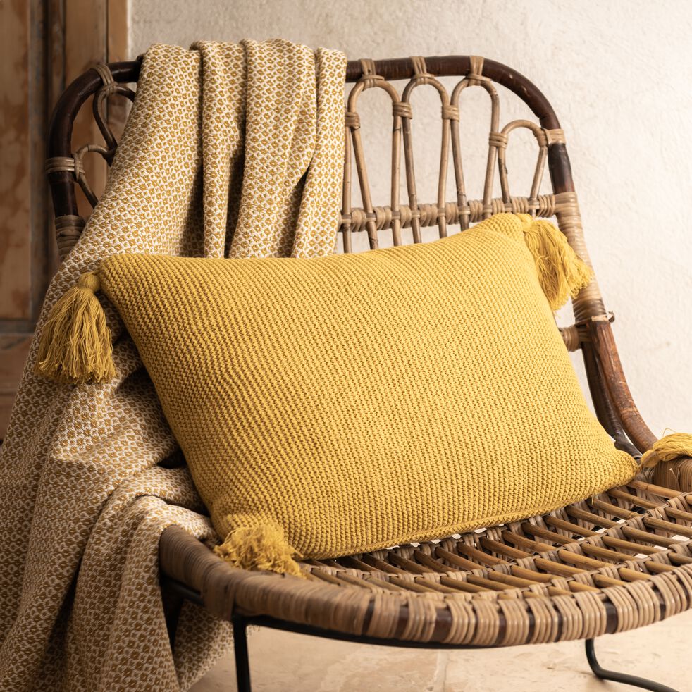 Coussin à pompons tricoté en coton - jaune 35x50cm-BAHIA