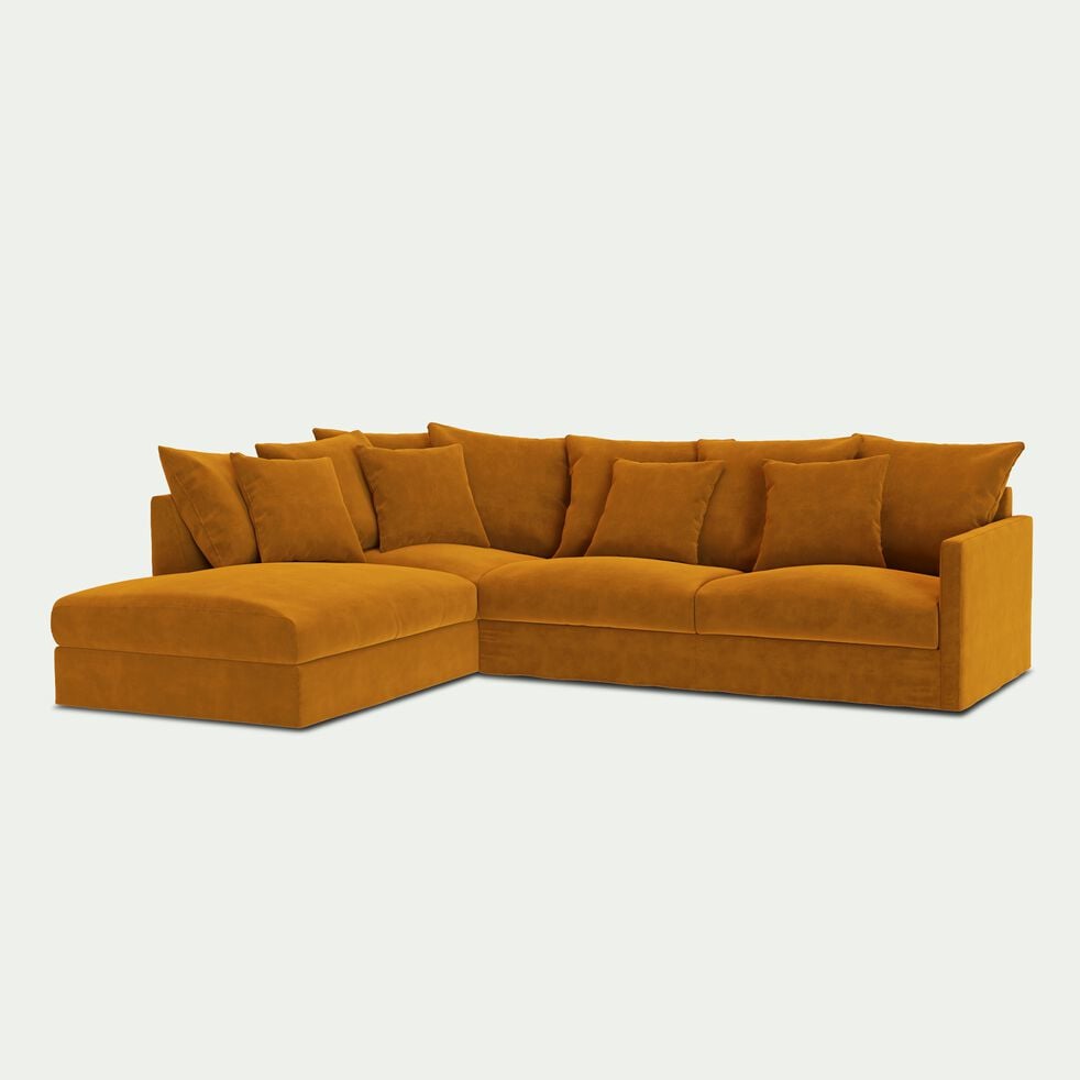 Canapé d'angle fixe gauche en velours - jaune argan-SIMONA