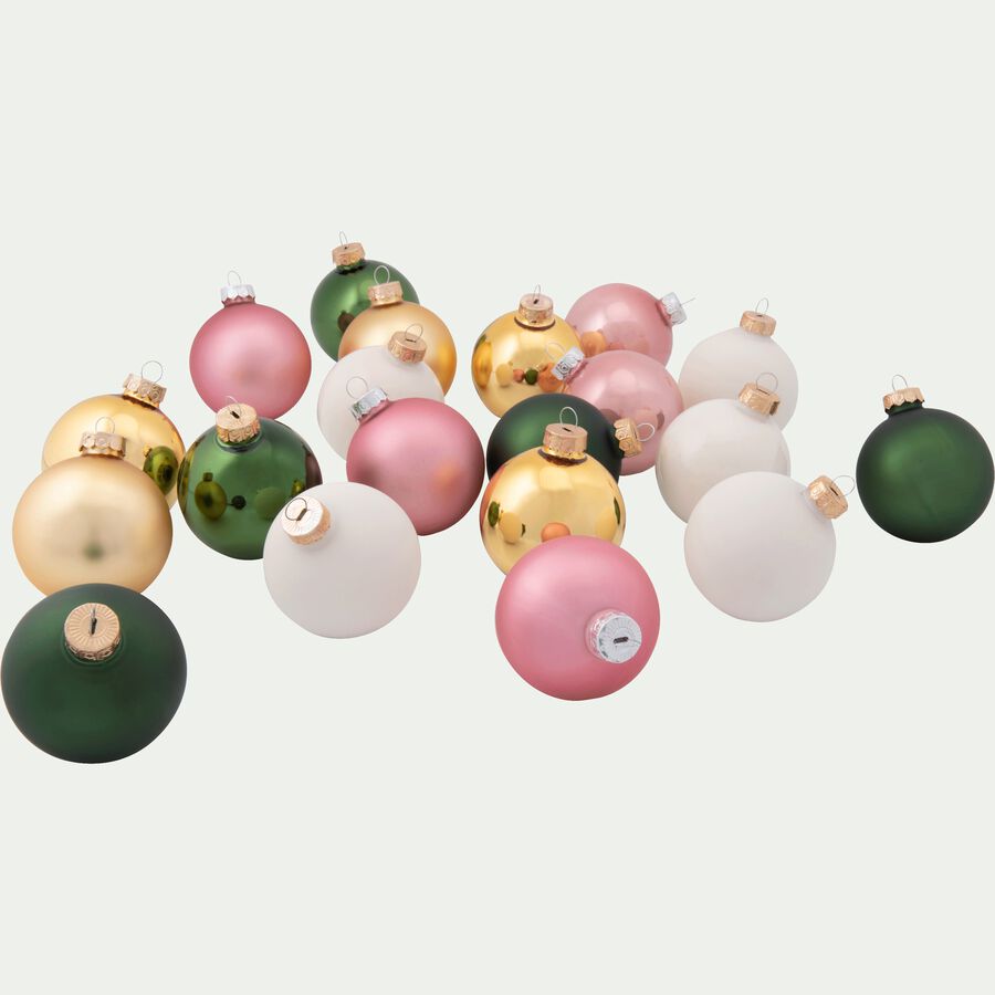 20 boules de Noël en verre rose, vert, dorée et blanc D6cm-DUA