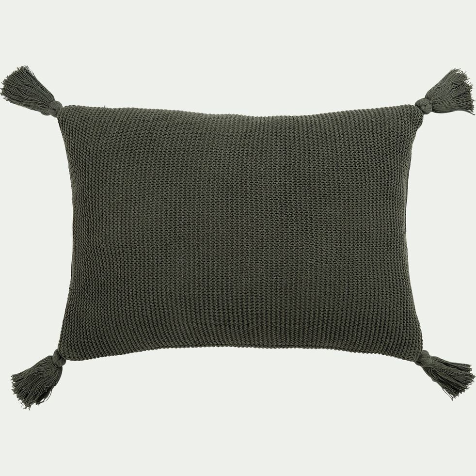 Coussin à pompons tricoté en coton - vert cèdre 35x50cm-BAHIA