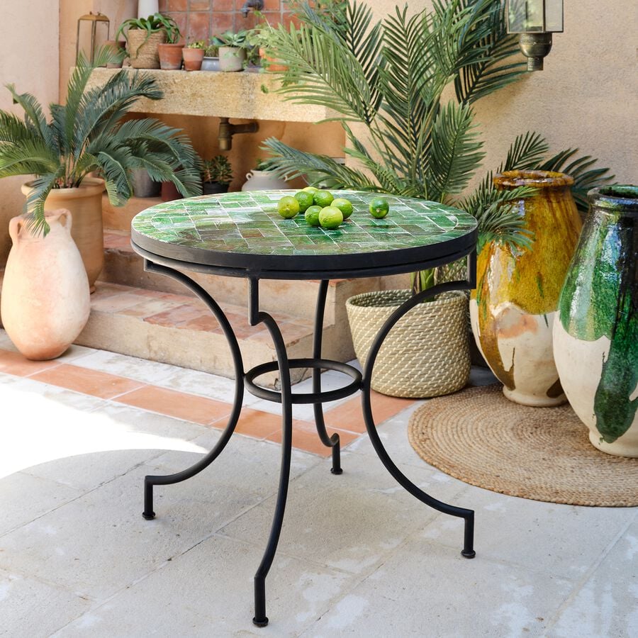 Table de jardin fixe en zellige et acier galvanisé - vert tamegroute (2 places)-JEBHA