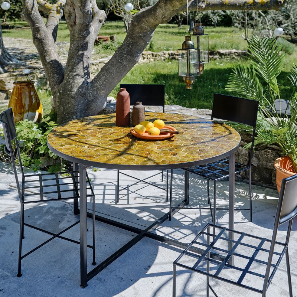 Table de jardin fixe en zellige et acier galvanisé - jaune ( 4 places)-JEBHA