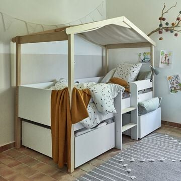 AMAEL - Lit cabane 1 place en pin avec 2 tiroirs de lit 90x200cm - blanc