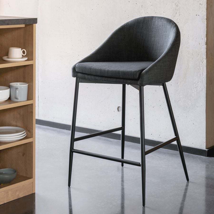Chaise de bar en tissu gris foncé pieds métal noir - H66cm-ABBY