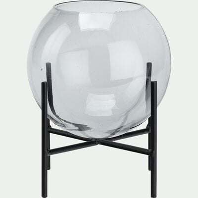 Photophore en verre avec support en fer - gris D16,3xH19,3cm-GUDINA