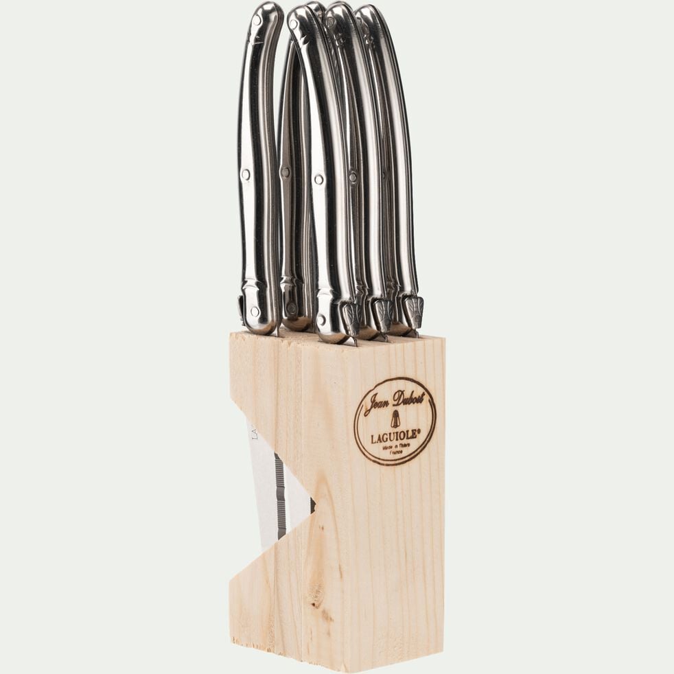 Bloc en bois de 6 couteaux à steak en acier - gris métallisé-CRISTE