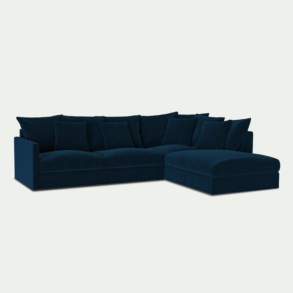 Canapé d'angle fixe droit en velours - bleu figuerolles-SIMONA