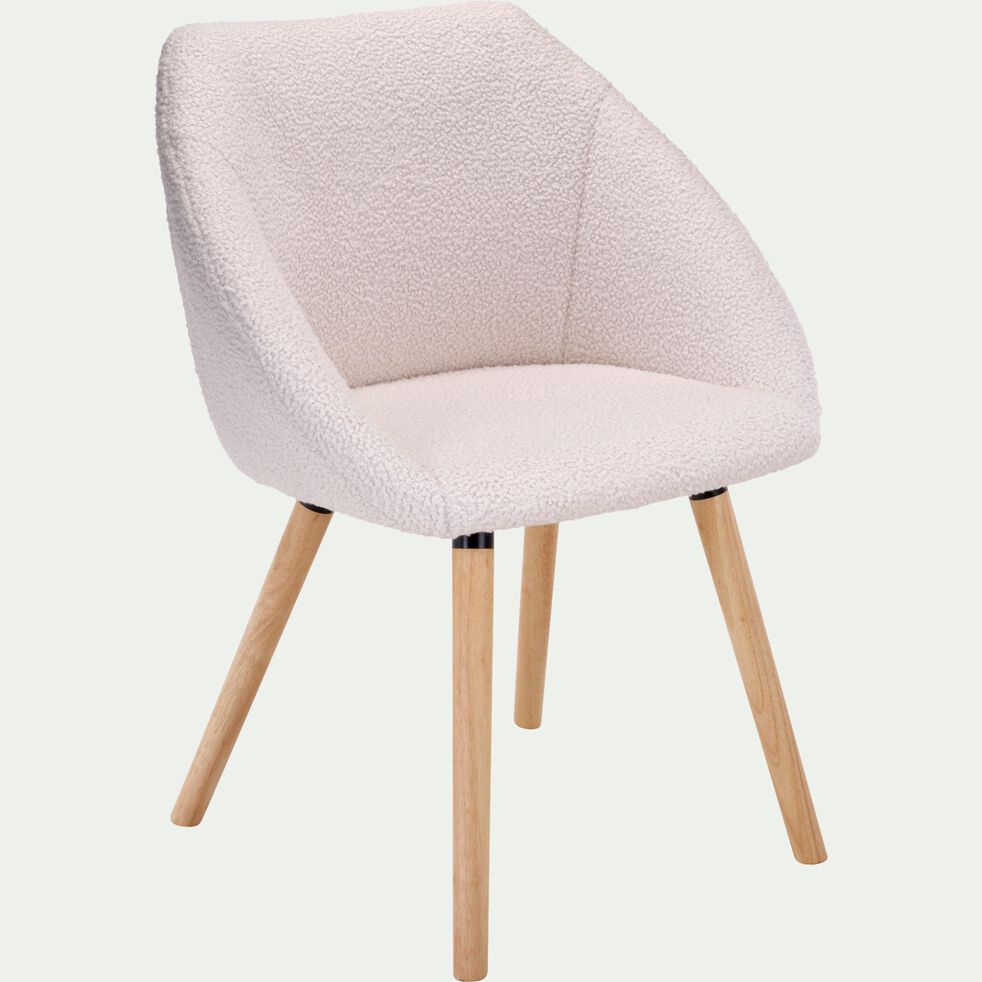 Chaise en tissu bouclettes avec accoudoirs et piètement bois clair - blanc ecru-DELINA