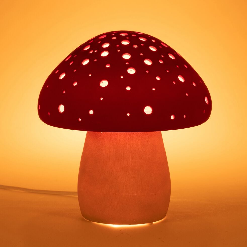 Lampe à poser électrifiée forme champignon en porcelaine H22cm - rouge-LUMY