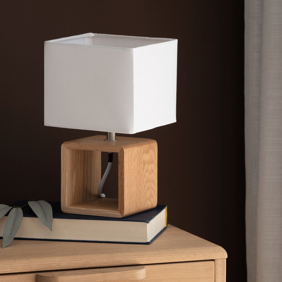 Lampe à poser carrée en bois en coton blanc H25cm-CUBO