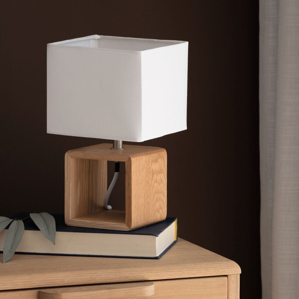 Lampe à poser carrée en bois et en coton H25cm - blanc-CUBO