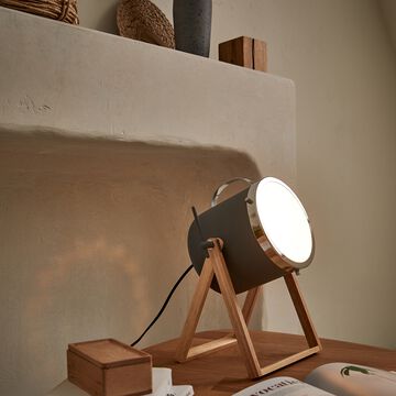 Lampe à poser forme projecteur en bois et métal gris H38,5cm-SUMMER