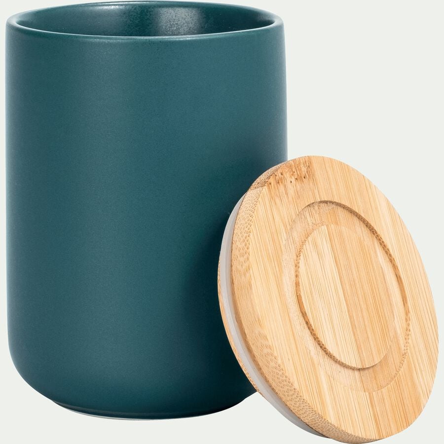 Pot en porcelaine bleu avec couvercle en bambou D8xH11 cm-JAN
