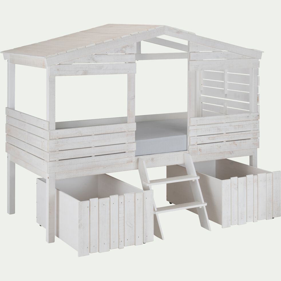 Lit cabane 1 place en pin avec 2 tiroirs de lit 90x200cm - blanc-AMAEL