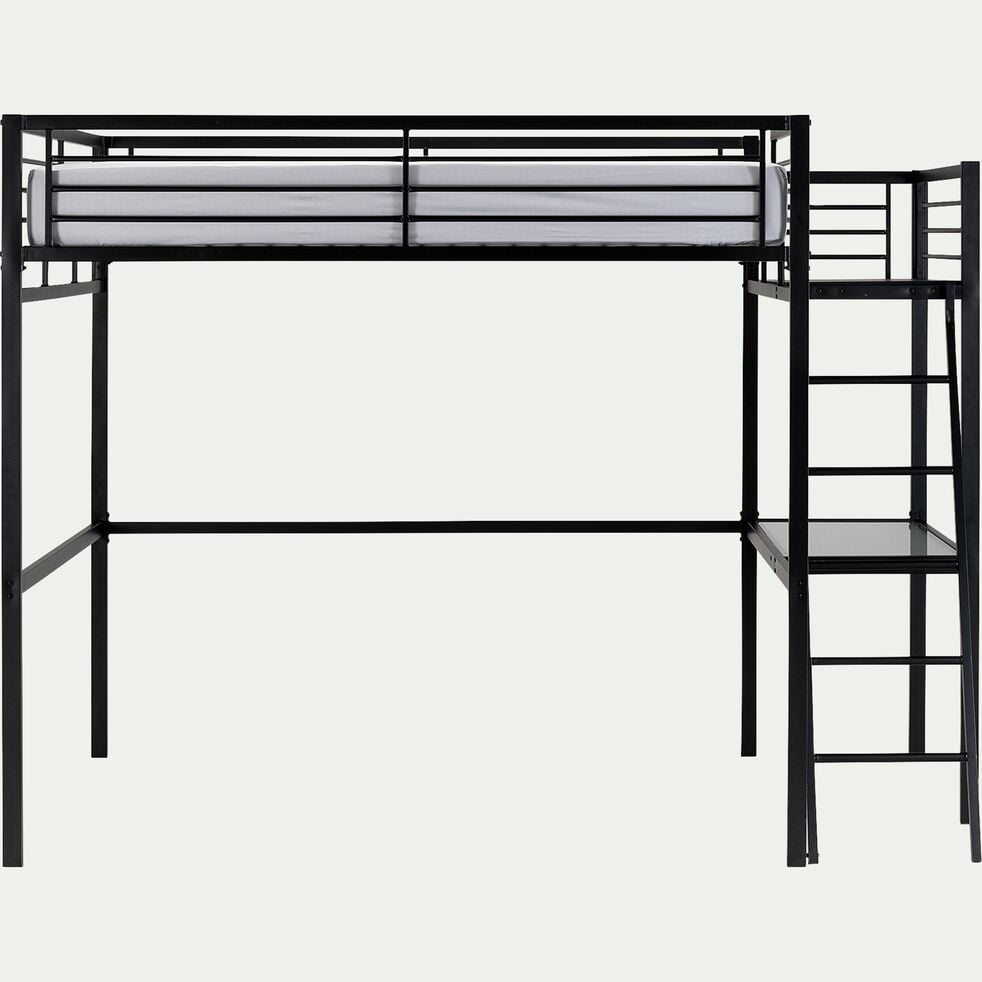 Lit mezzanine 2 places en acier avec bureau en verre - noir 140x200cm-NIOLON