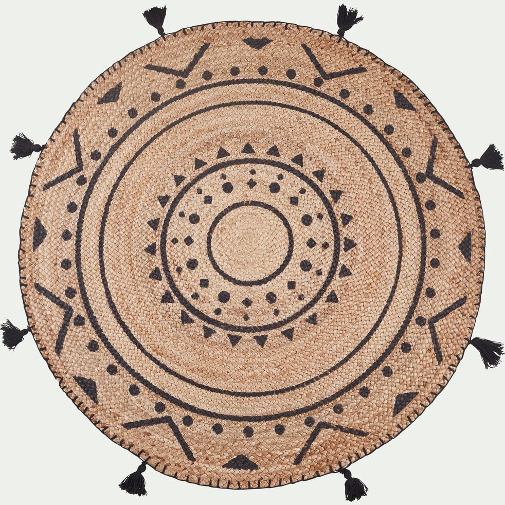 Tapis en jute rond à motifs ethniques pompons - gris D120cm-ANTALYA