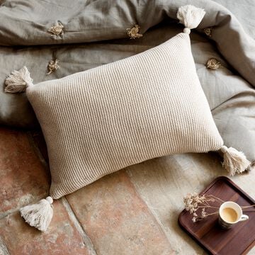 Coussin à pompons tricoté en coton 35x50cm - beige roucas-BAHIA