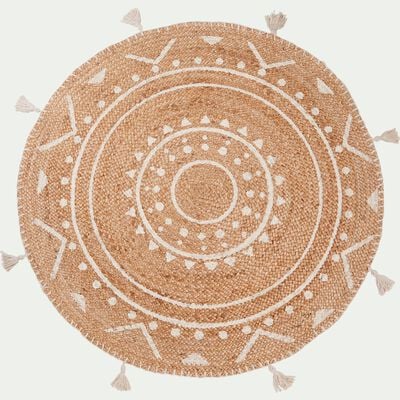 Tapis en jute rond à motifs ethniques et pompons - blanc D120cm-ANTALYA