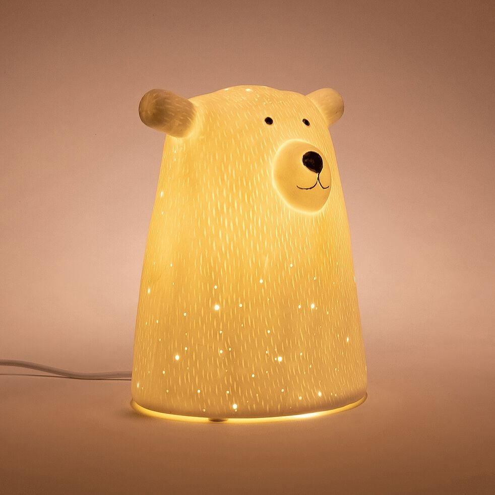 Lampe à poser électrifiée forme ours en porcelaine H16,2cm - blanc-LUMY