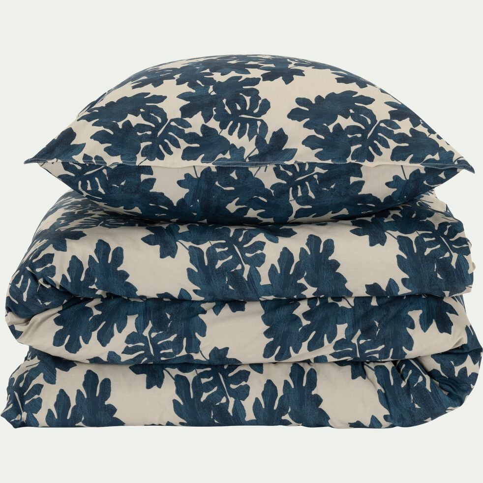 Housse de couette et 2 taies d'oreiller en coton avec motif feuilles - bleu 260x240cm-FIGUIER