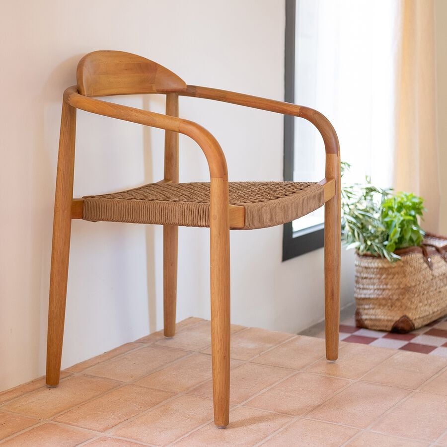 Chaise en eucalyptus et corde marron avec accoudoirs - bois clair-MILIAS