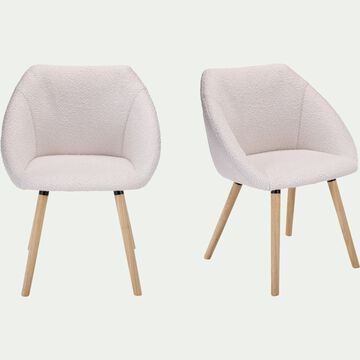 Chaise en tissu bouclettes avec accoudoirs et piètement bois clair - blanc ecru-DELINA