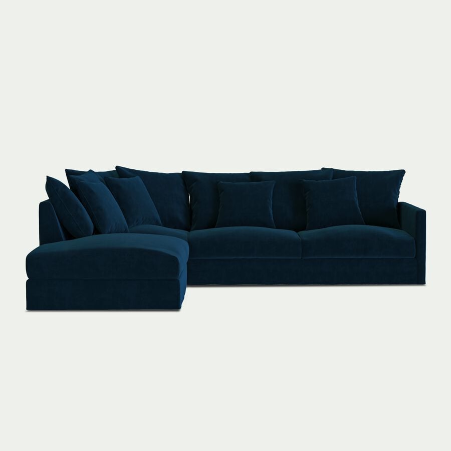 Canapé d'angle fixe gauche en velours - bleu figuerolles-SIMONA