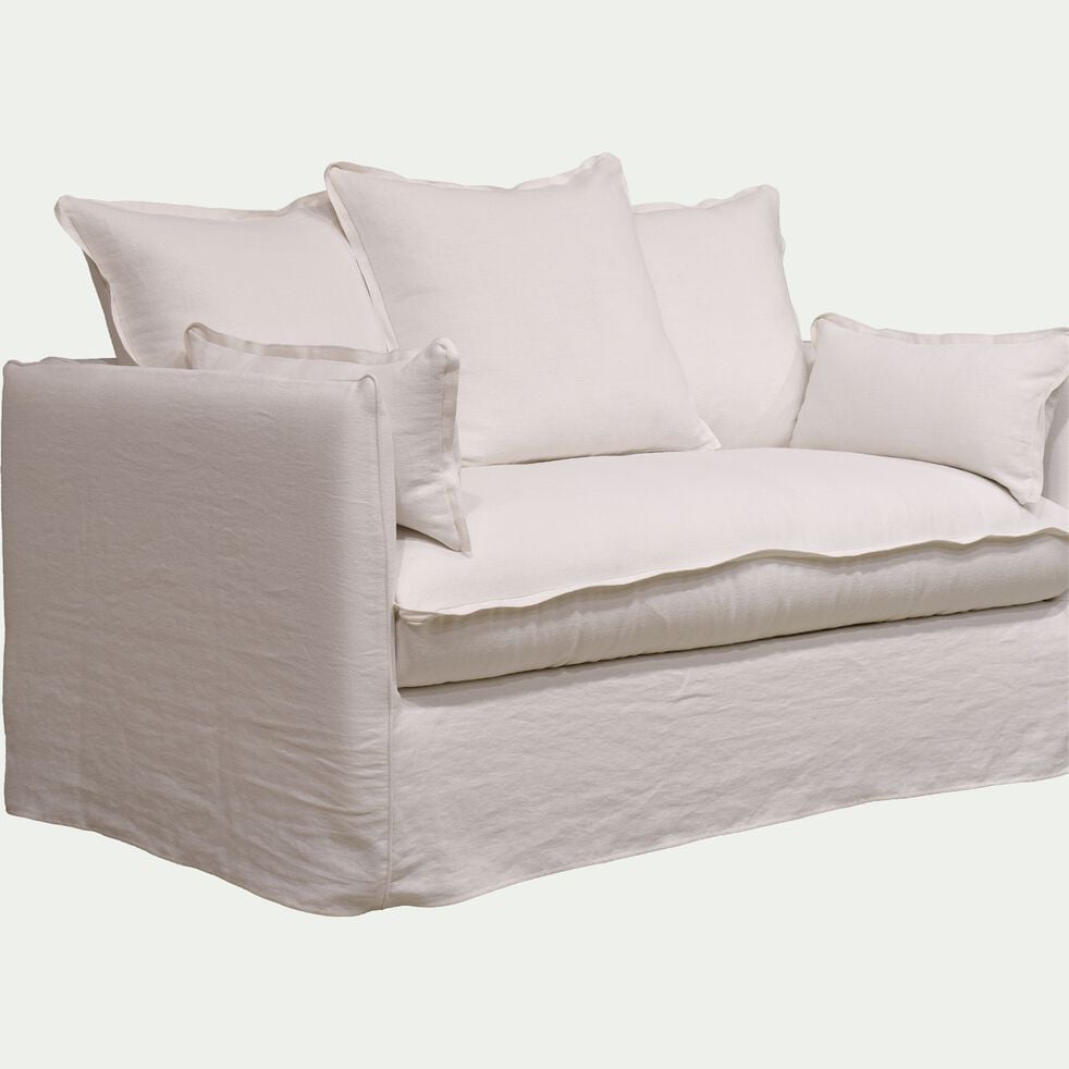 Canapé 2 places fixe en coton et en lin - blanc capelan-KALISTO