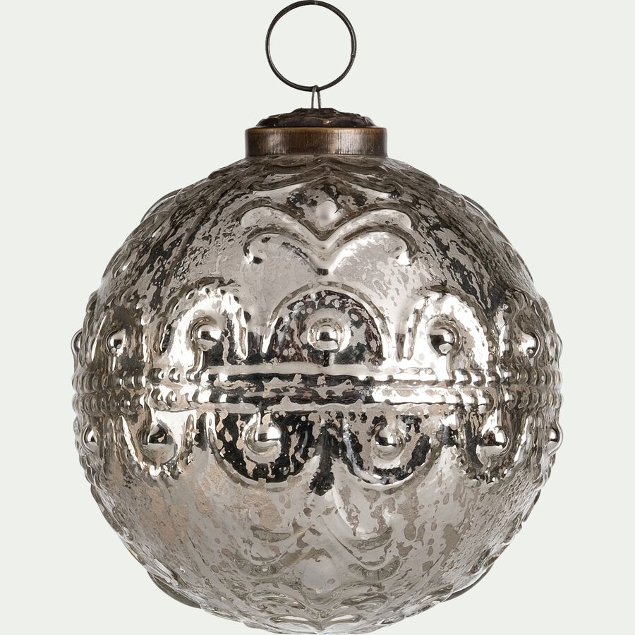 Boule de Noël en verre motifs relief - argenté D10cm-VIBLI