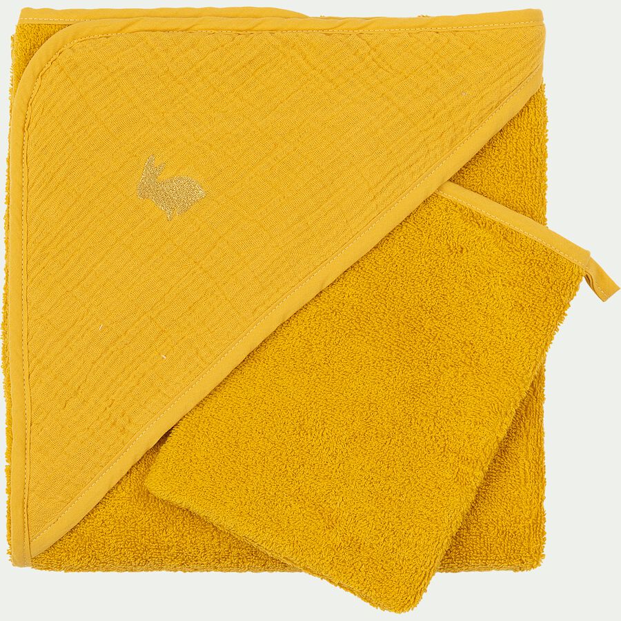 Ensemble cape de bain et gant bébé avec broderie lurex - jaune-NUAGE