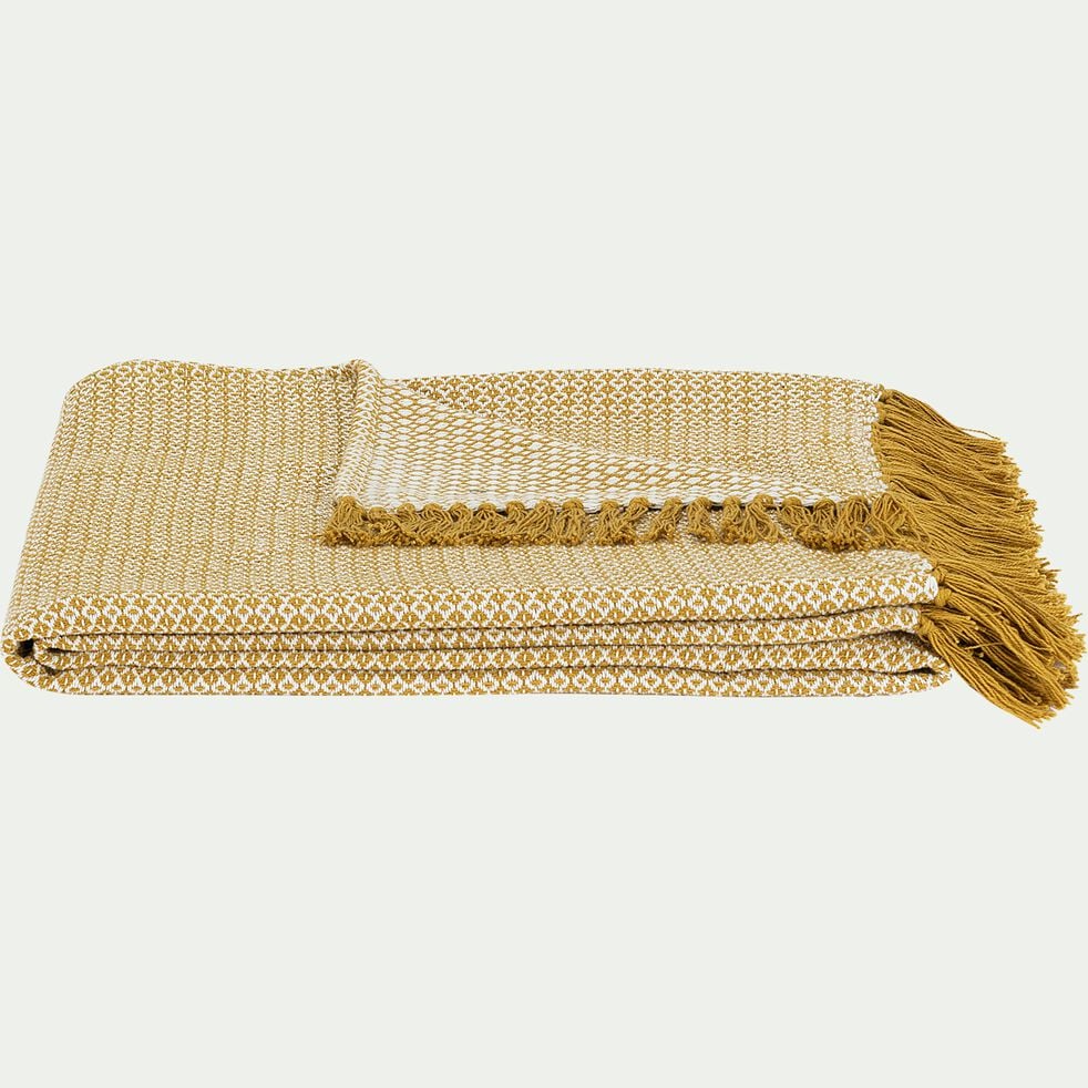Plaid à franges et motifs en coton - jaune argan 130x170cm-PARA