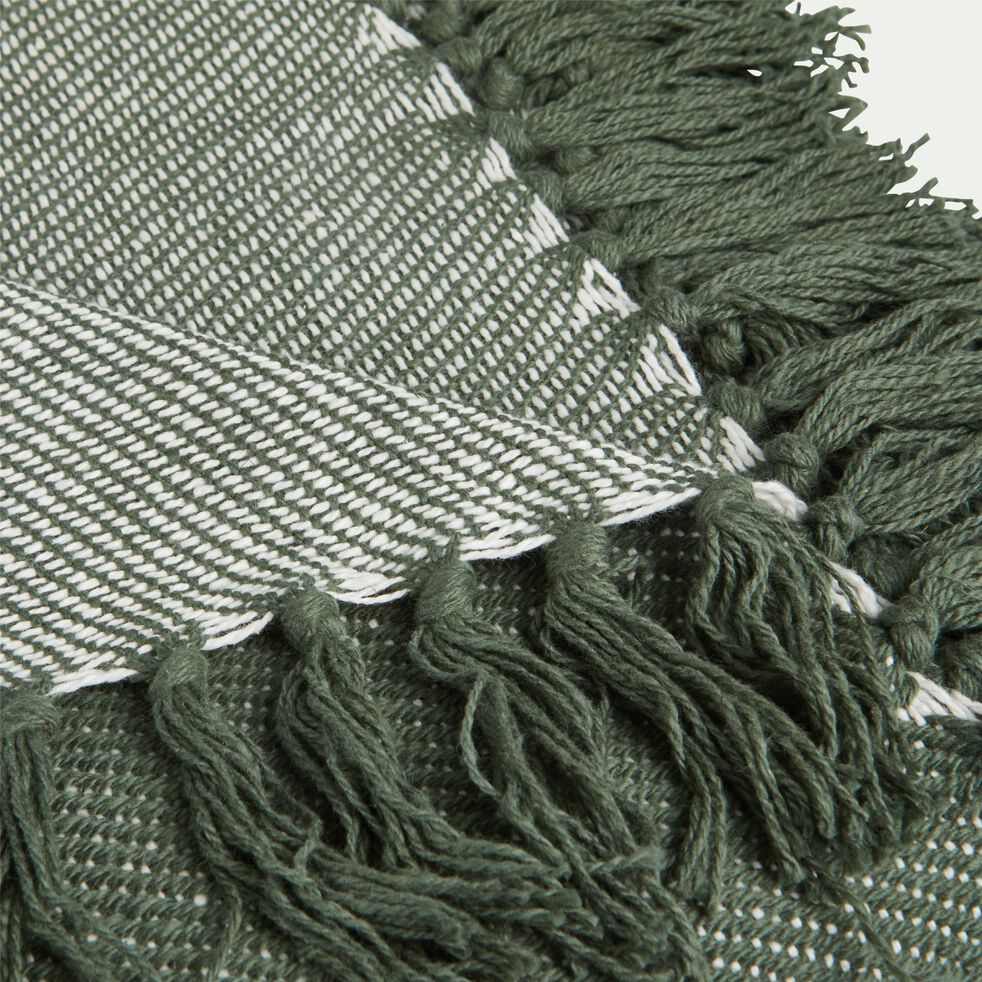 Plaid tissé à franges en coton - vert cèdre 130x170cm-SEVILLE