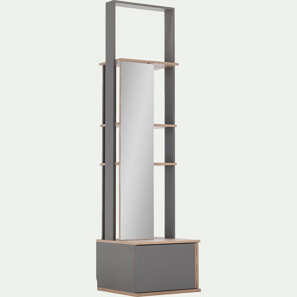 Module armoire avec 1 porte miroir et 1 tiroir effet chêne - gris-NESTOR