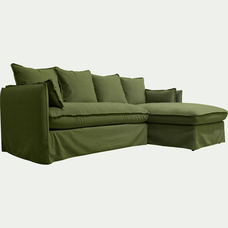 Canapé d'angle droit fixe en velours - vert garrigue-KALISTO
