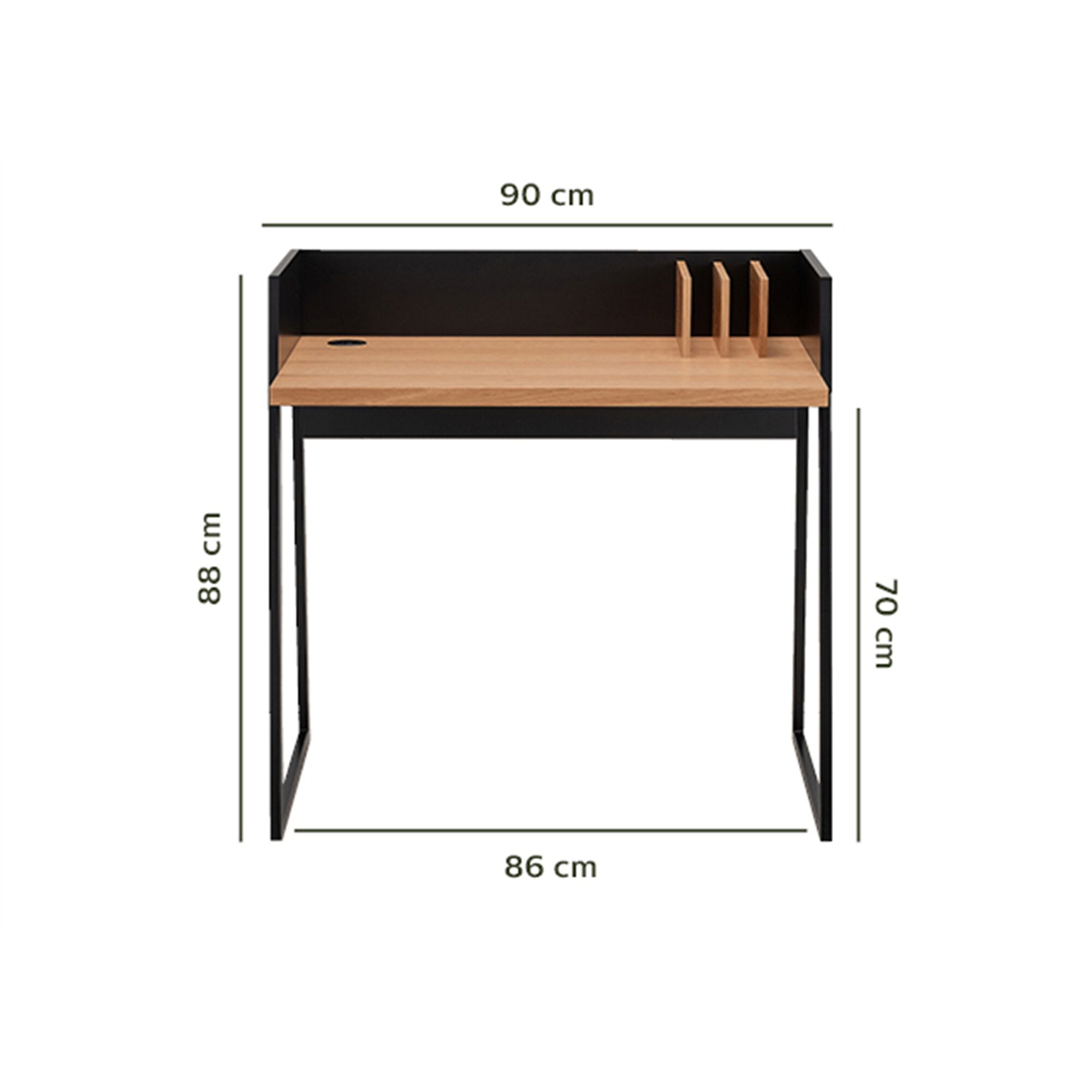 Bureau en bois avec passe-câble et trieur intégré - bois clair et noir-LOLGA